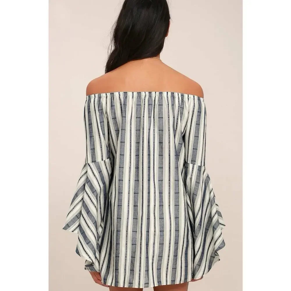 Lulu's Along the Tides Navy Blue Striped Off the Shoulder Boho Dress Size Medium - Picture 3 of 11